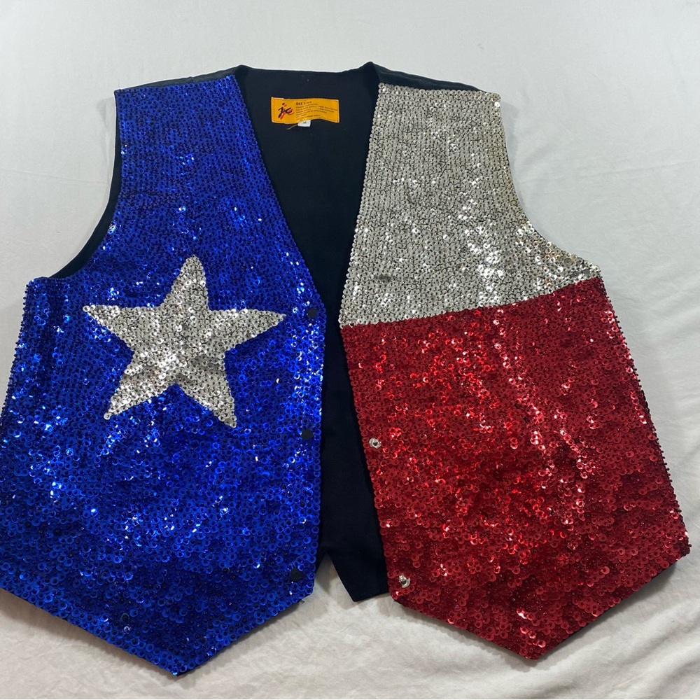 Lone Star Texas Flag Sequin Vest Patriotic Sequin Vest - Blue, Silver, Red